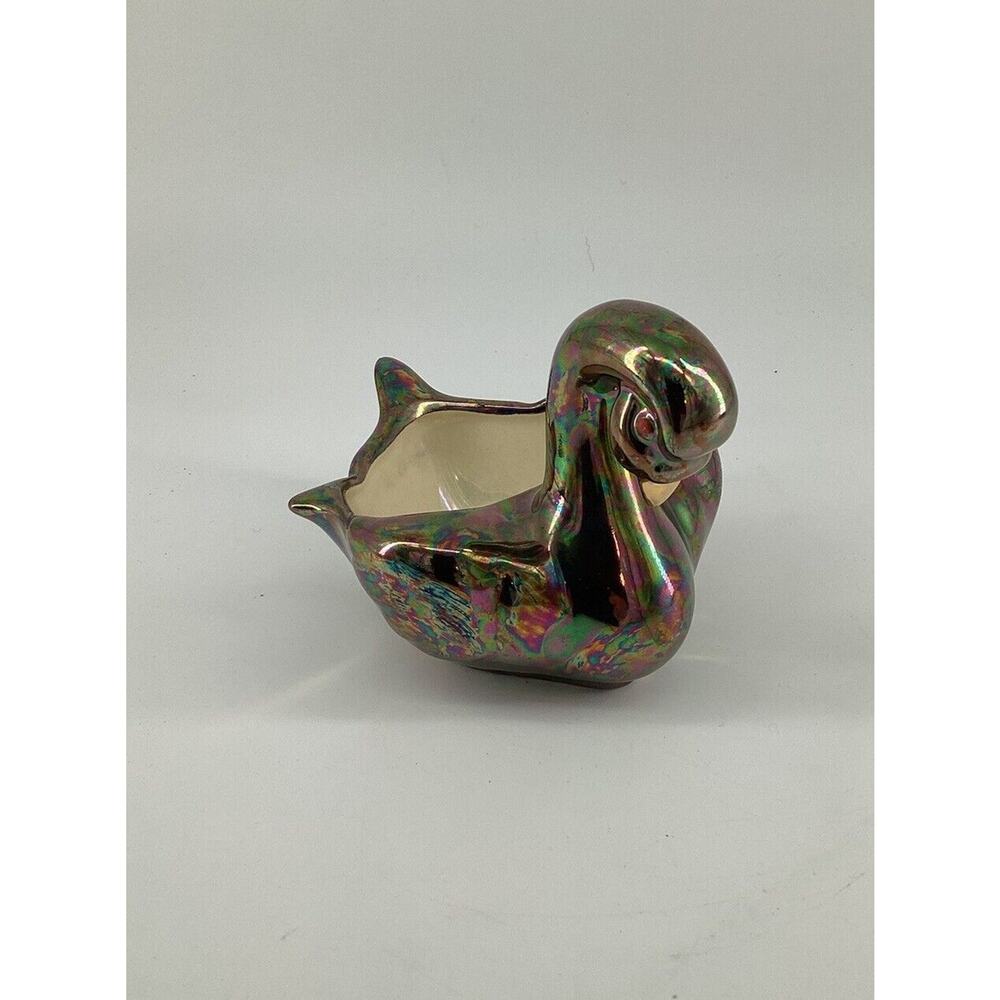 Pearl China Co 22K Gold Blue Swan Multicolor Swirl Trinket Candy  dish USA